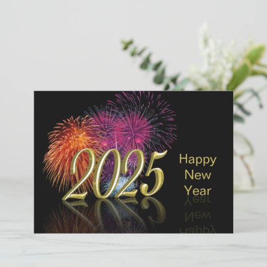Gouden Gelukkig Nieuwjaar 2025 Vuurwerk Feestdagenkaart (Staand voorkant)