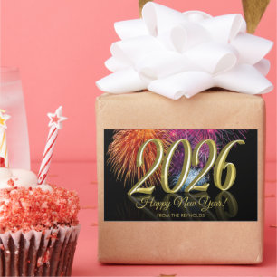 Gouden Gelukkig Nieuwjaar 2026 Kleurrijk Vuurwerk Rechthoekige Sticker