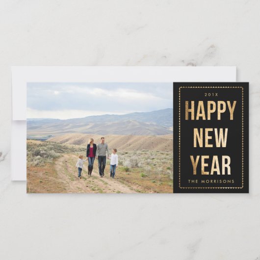 Gouden Gelukkig Nieuwjaar Nep Glitters op Zwart Feestdagenkaart (Voorkant)