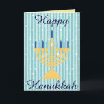 Gouden Gelukkige Chanoeka Menorah Feestdagen Kaart<br><div class="desc">Eer het festival van lichten met dit Gelukkige gouden menorahwenskaart van de Chanoeka.  De achtergrond is een blauw verticaal gestreept patroon.  Binnen is een zegen geschikt voor de gelegenheid.  Aankoop van u vandaag!

De hoffelijkheid van het kunstwerk van het Ontwerp van Sonya DeHart bij: 
http://www.sonyadehartdesign.com | http://www.sonyadehartdesign.etsy.com</div>