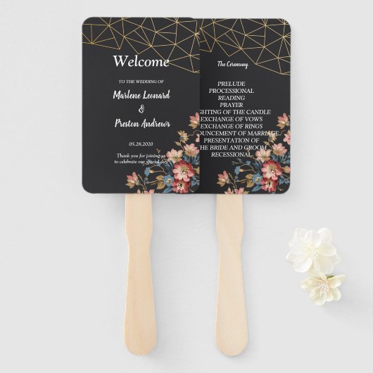 Gouden Geometrisch Huwelijksprogramma Handwaaier (Voorkant en achterkant)