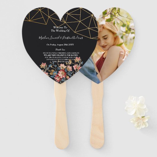 Gouden Geometrisch Huwelijksprogramma Handwaaier (Voorkant en achterkant)