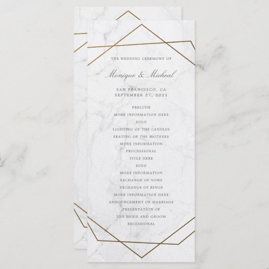 Gouden Geometrische Art Deco Marmeren Trouwprogram Programmakaart (Voorkant / Achterkant)