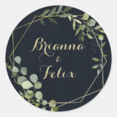 Gouden Geometrische Blauwe Groene Huwelijksenvelop Ronde Sticker (Voorkant)