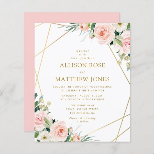 gouden geometrische blauwe roze florale bruiloft (Voorkant / Achterkant)