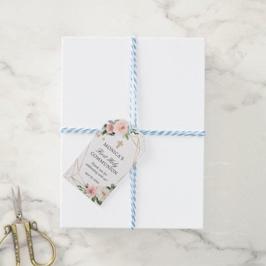 Gouden Geometrische Blush Bloem Eerste Heilige Com Cadeaulabel (Met Touw)