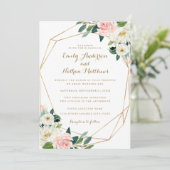 Gouden Geometrische Blush Bloemen Huwelijksuitnodi Kaart (Staand voorkant)