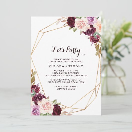 Gouden Geometrische Blush Bourgondiërood Bloem Let Kaart (Staand voorkant)