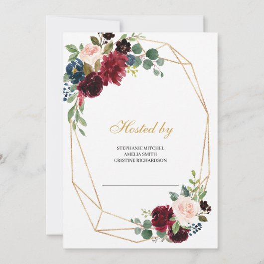 Gouden geometrische bordeaux en blozend roze bloem kaart (Achterkant)