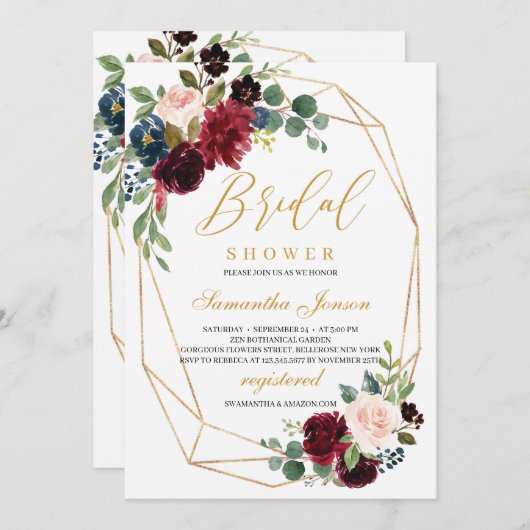 Gouden geometrische bordeaux en blozend roze bloem kaart (Voorkant / Achterkant)