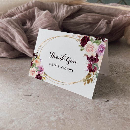 Gouden Geometrische Bourgondische Bloemen Dank u k Bedankkaart