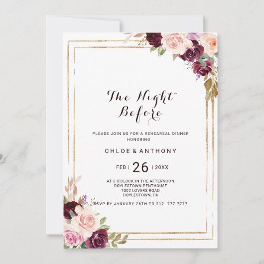 Gouden geometrische Bourgondische bloemen de avond Kaart (Voorkant)