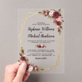 Gouden geometrische Bourgondische bloemenbruiloft Acryl Uitnodigingen (Insitu (Draagbaar))