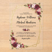 Gouden geometrische Bourgondische bloemenbruiloft Acryl Uitnodigingen (Voorkant)