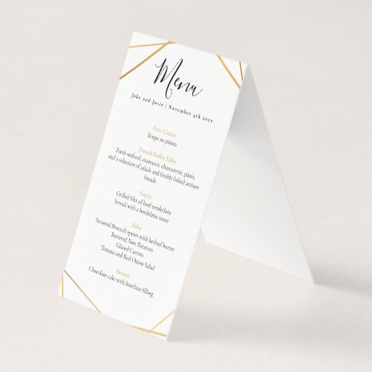 Gouden geometrische bruiloftsreceptie menu tafel b (Voorkant)
