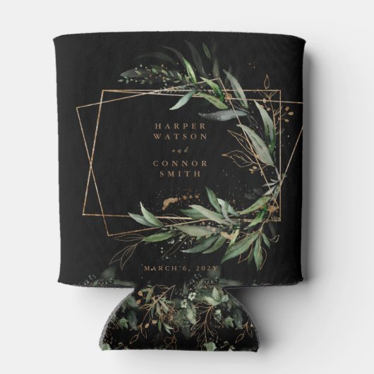 Gouden Geometrische Eucalyptus Elegant Zwart Bruil Blikjeskoeler (Achterkant)