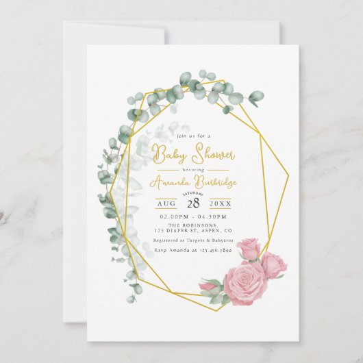 Gouden Geometrische Eucalyptus & Roze Rozen Baby s Kaart (Voorkant)