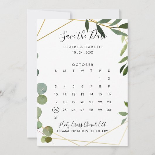 Gouden Geometrische Eucalyptus Sla de Datumkalende Save The Date (Voorkant)