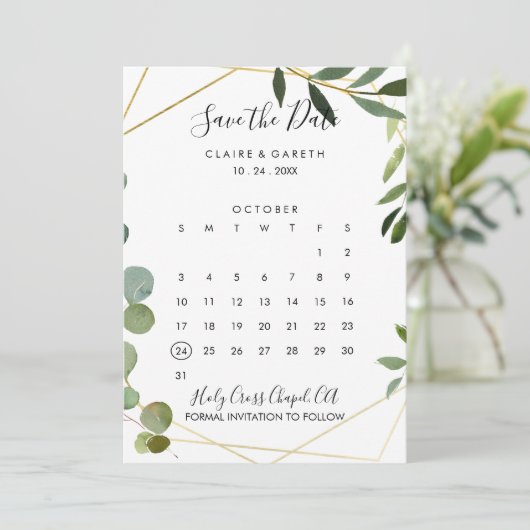 Gouden Geometrische Eucalyptus Sla de Datumkalende Save The Date (Staand voorkant)