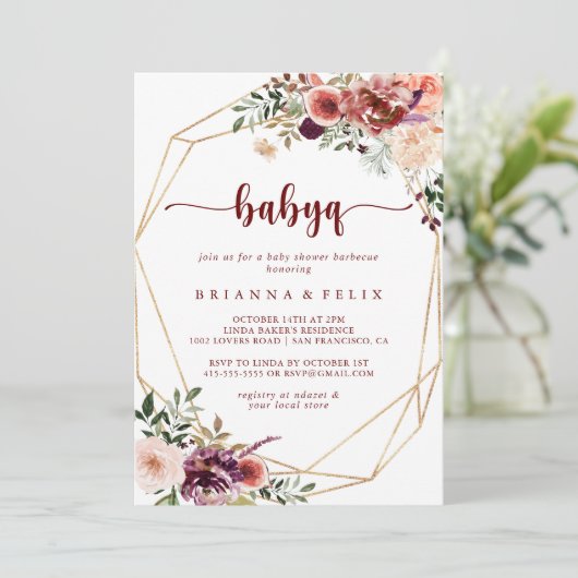 Gouden Geometrische Floral BabyQ Baby shower Barbe Kaart (Staand voorkant)