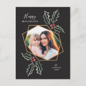 Gouden Geometrische Foto Waterverf Holly Christmas Briefkaart (Voorkant)
