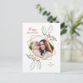 Gouden Geometrische Foto Waterverf Holly Christmas Briefkaart (Staand voorkant)