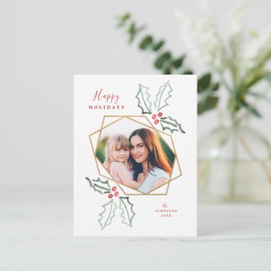 Gouden Geometrische Foto Waterverf Holly Christmas Briefkaart (Staand voorkant)
