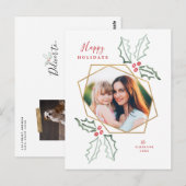 Gouden Geometrische Foto Waterverf Holly Christmas Briefkaart (Voorkant / Achterkant)