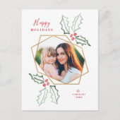 Gouden Geometrische Foto Waterverf Holly Christmas Briefkaart (Voorkant)