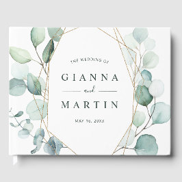 Gouden Geometrische Groene Gebladerte Trouw Gastenboek