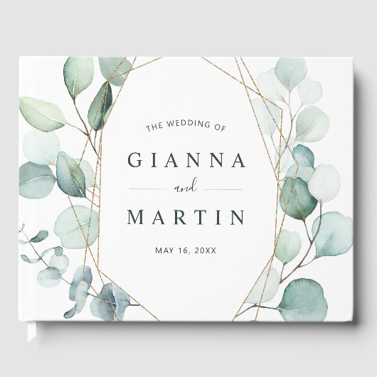 Gouden Geometrische Groene Gebladerte Trouw Gastenboek (Voorkant)