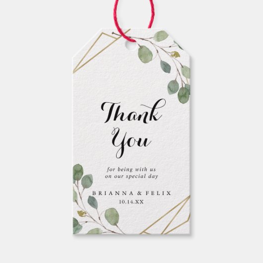 Gouden geometrische kalligrafie bruiloft dank u cadeaulabel (Voorkant)