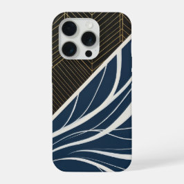 Gouden Geometrische Lijnen Navy Golfpatroon Modern iPhone 15 Pro Case