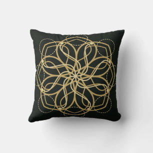 Gouden geometrische mandala-kunstprint – Donkergro Kussen