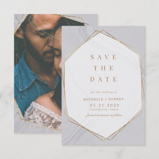 gouden geometrische marmer foto Save the Date Invi Kaart (Voorkant / Achterkant)