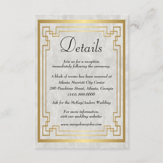 Gouden Geometrische Marmeren Bruiloft Details Informatiekaartje (Voorkant)