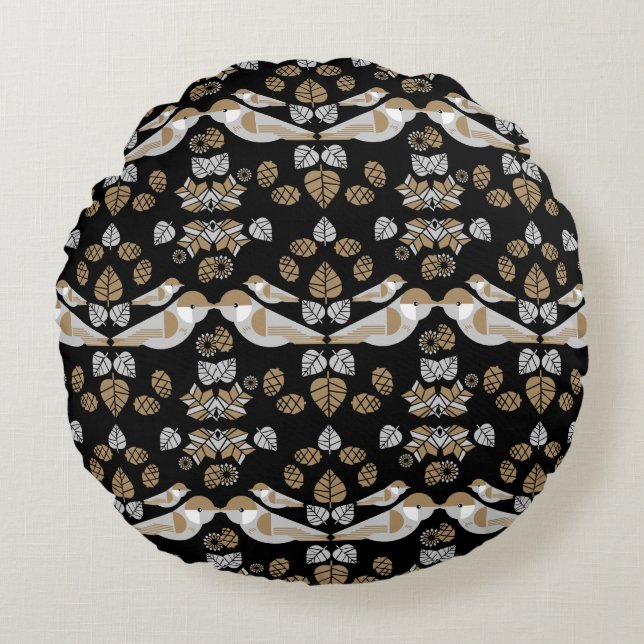 Gouden Geometrische Moderne Abstracte Vogel Kunst Rond Kussen (Voorkant)