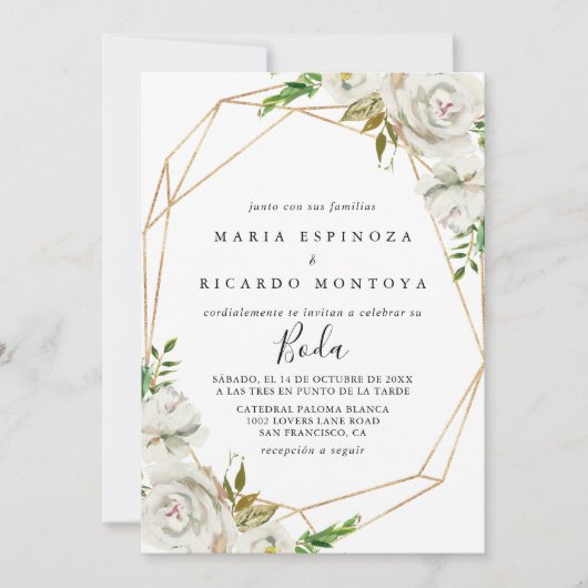Gouden Geometrische Pioen Bloemige Spaanse Trouw Kaart (Voorkant)