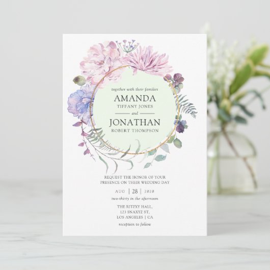 Gouden Geometrische Pioenrozen Bloemenbruiloft Kaart (Staand voorkant)