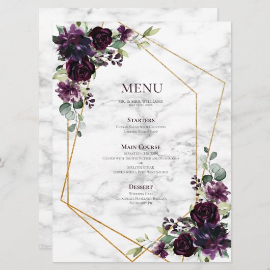 Gouden Geometrische Pr Plum Paarse Marmeren Bloem Menu (Voorkant / Achterkant)