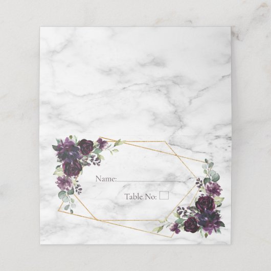 Gouden geometrische pruim Paarse marmeren bloem Plaatskaartje (Buitenkant ongevouwen)