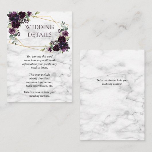 Gouden geometrische pruim Paarse marmeren bruiloft Informatiekaartje (Voorkant / Achterkant)