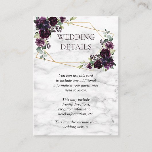Gouden geometrische pruim Paarse marmeren bruiloft Informatiekaartje (Voorkant)
