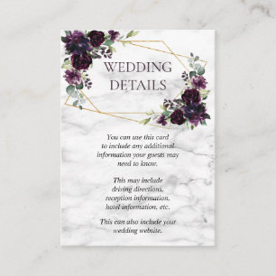 Gouden geometrische pruim Paarse marmeren bruiloft Informatiekaartje