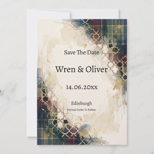 Gouden Geometrische Rooster Tartan Bewaar De Datum Save The Date (Voorkant)