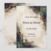 Gouden Geometrische Rooster Tartan Bewaar De Datum Save The Date (Voorkant / Achterkant)