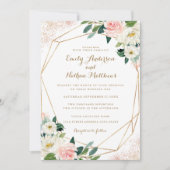 Gouden Geometrische Roze Bloemen Huwelijksuitnodig Kaart (Voorkant)