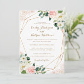Gouden Geometrische Roze Bloemen Huwelijksuitnodig Kaart (Staand voorkant)