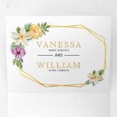 Gouden geometrische veelhoek waterverf bloemenbrui drieluik uitnodiging (Binnenzijde eerst)