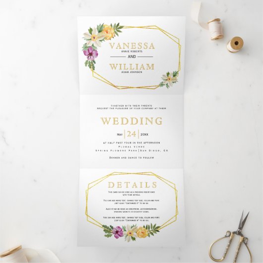 Gouden geometrische veelhoek waterverf bloemenbrui drieluik uitnodiging (Binnen)